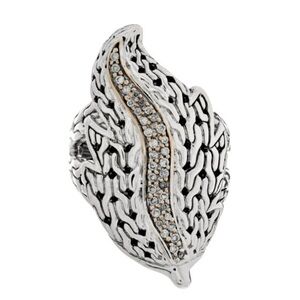 John Hardy Sterling Silver 18K Yellow Gold Diamond Ayu Leaf Ring Size 6.5